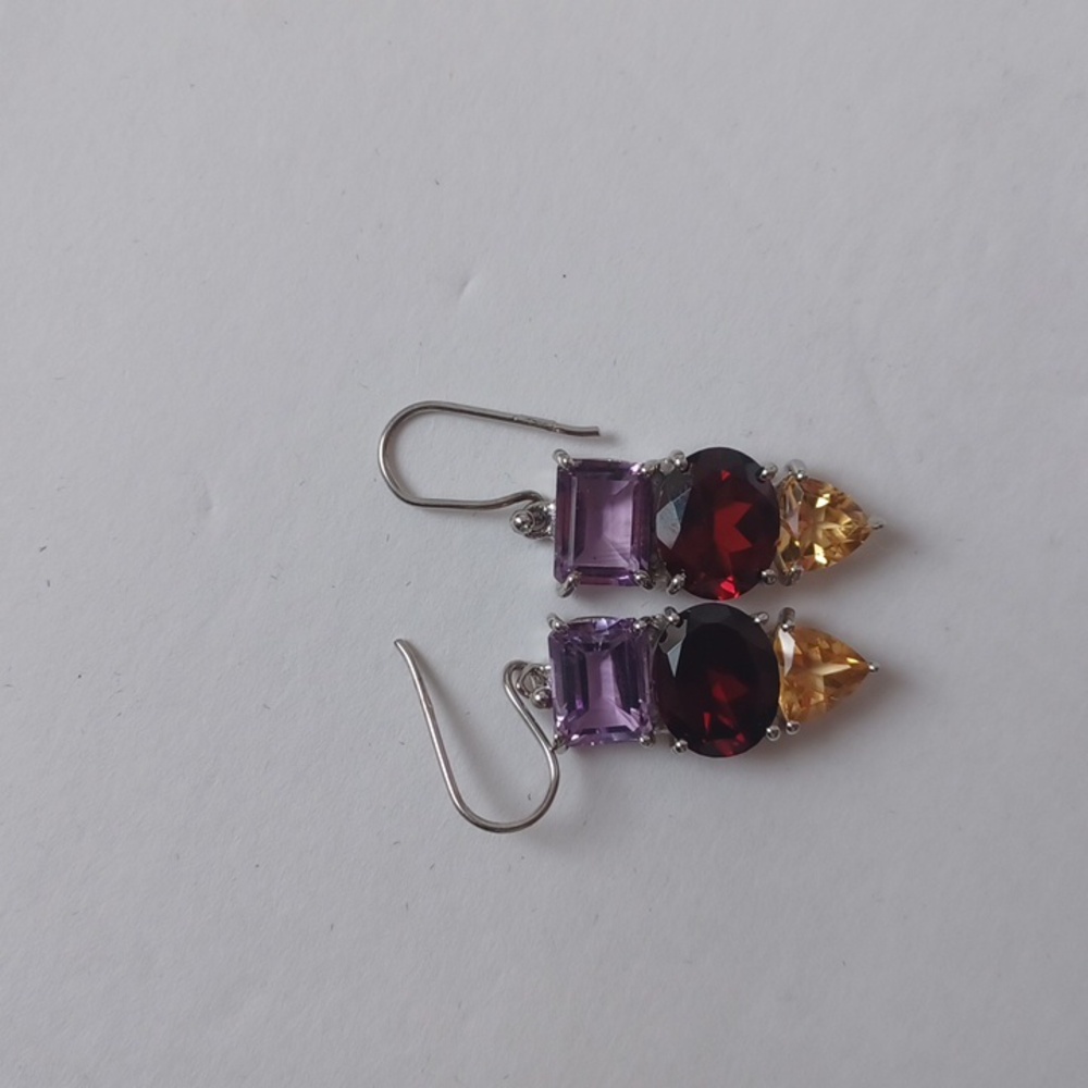 Sterling Silver Amethys, Garnet and Topaz Drop Earrings